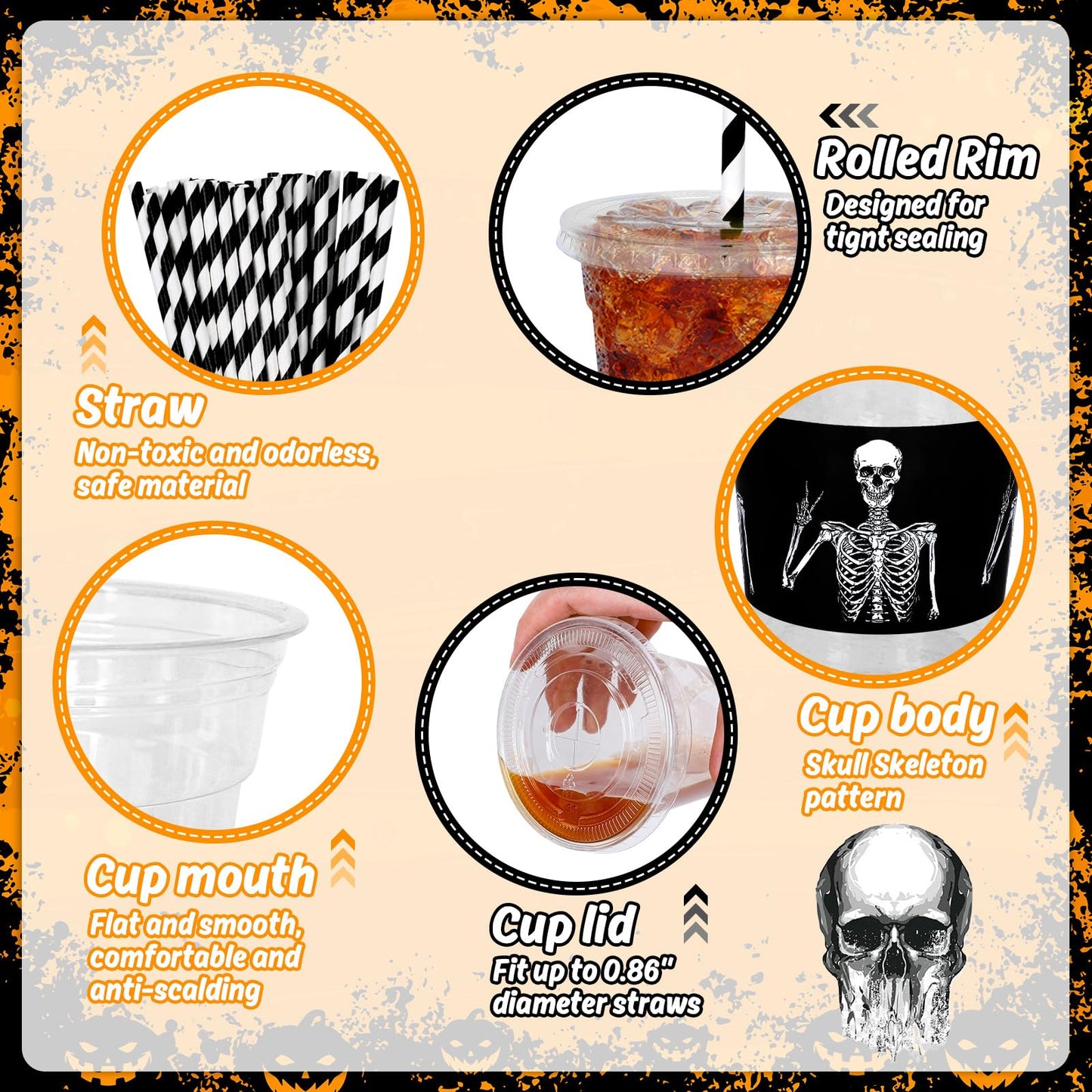 JarThenaAMCS 50Pcs Halloween Disposable Plastic Cups with Lids and Straws 12oz Funny Skeleton Cold Beverage Drinking Cups for Birthday Goth Party Supplies