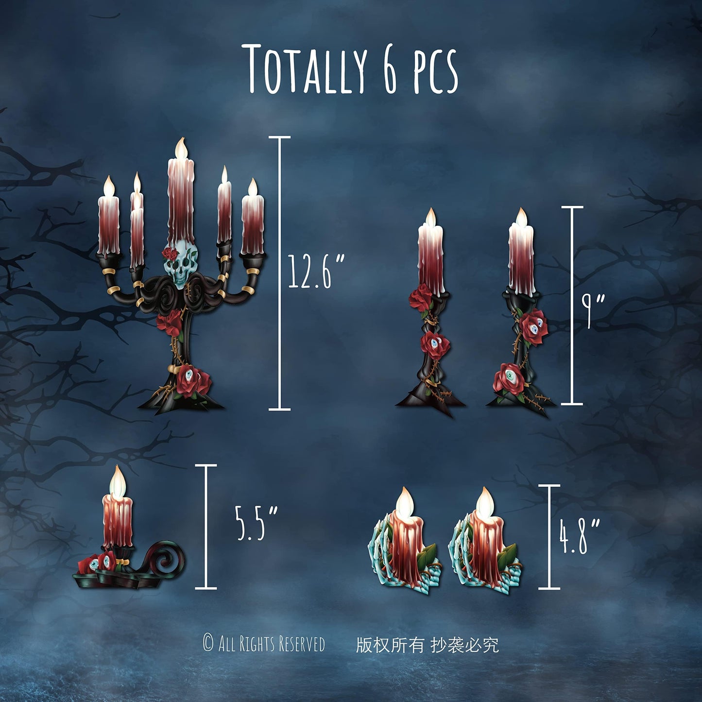 Cheerland Bundle Halloween Centerpieces 3D Rose Skull Candle Cutouts & Garland Red Rose Butterfly Eyeballs 4pcs & Cupcake Toppers Plastic Rose Skull Muffin Decors