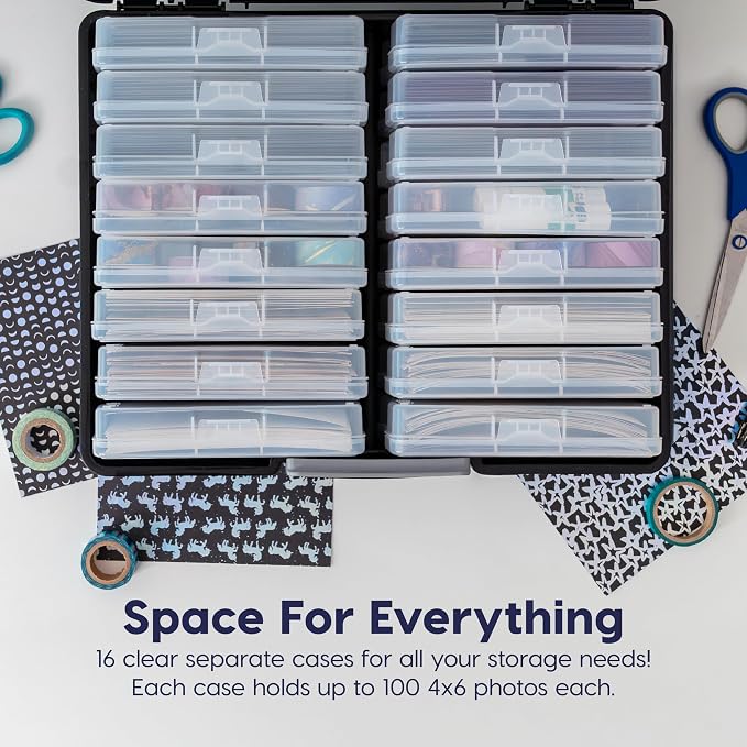 IRIS USA 4" x 6" |Made in USA| Photo Organizers and Picture Storage Box with Handle, 16 Inner Cases/Containers for Tasks, Stickers, Ephemera, & Flashcards - Black/Clear