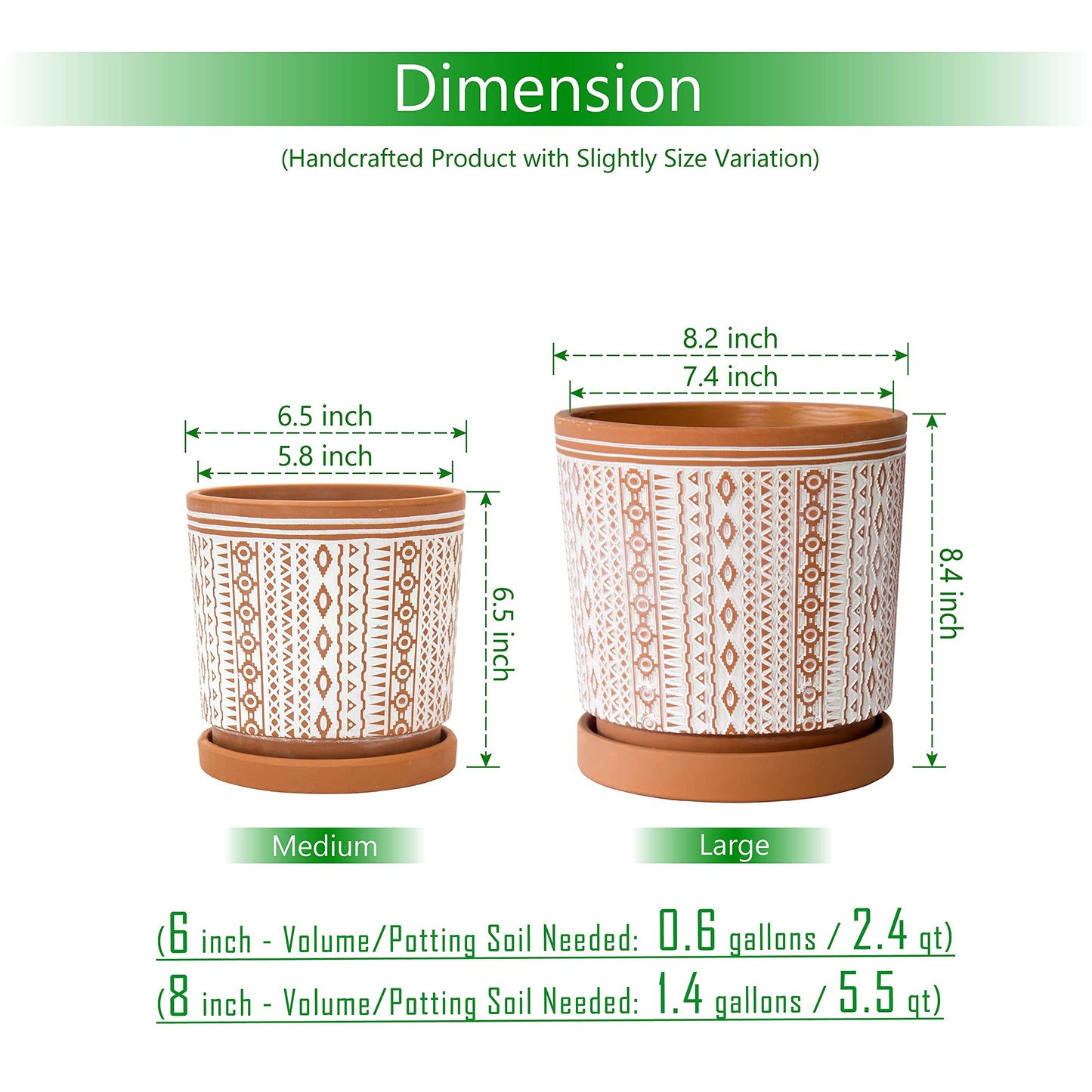 D'vine Dev Set of 2 Terracotta Pots, 6.5 Inch & 8.2 Inch, Planter Pots for Plants with Drainage Holes and Saucers, Terracotta/White, Medium, 34-958-A-1