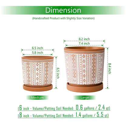 D'vine Dev Set of 2 Terracotta Pots, 6.5 Inch & 8.2 Inch, Planter Pots for Plants with Drainage Holes and Saucers, Terracotta/White, Medium, 34-958-A-1