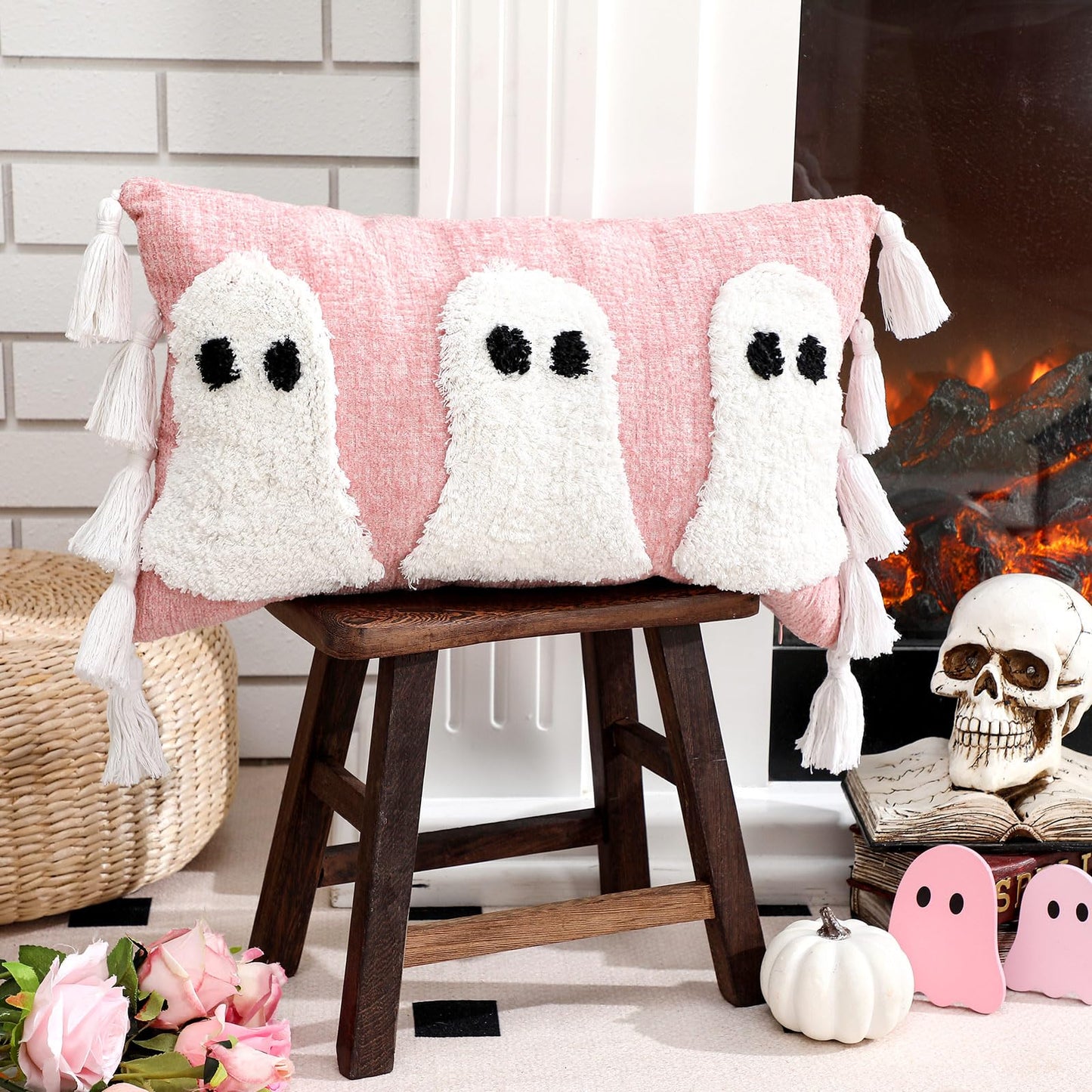 Yuntau Halloween Ghost Throw Pillows Cover Decorative Pink Ghost Shaped Pillowcase Embroidery Cushion Cover Cute Halloween Decorations for Home Bedroom Bed Sofa Living Room Outdoor Party Decor