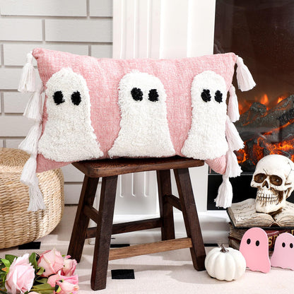 Yuntau Halloween Ghost Throw Pillows Cover Decorative Pink Ghost Shaped Pillowcase Embroidery Cushion Cover Cute Halloween Decorations for Home Bedroom Bed Sofa Living Room Outdoor Party Decor