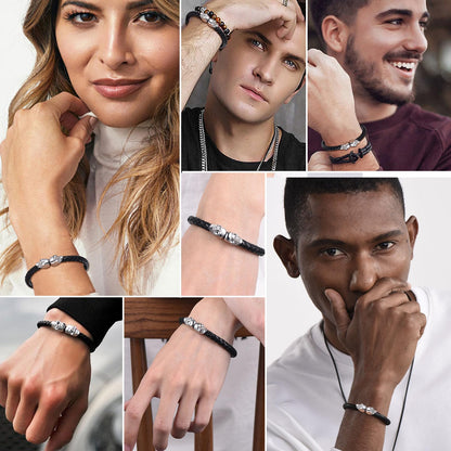 U7 Personalized Skull Bracelets Men Biker Surfer Bracelet Bangle with Stainless Steel Clasp, Braided Black Leather Gothic Twin Skeleton Cuff Bracelet (8.3")