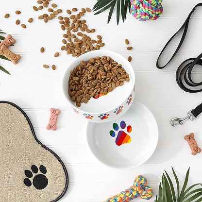 Bone Dry Ceramic Food Bowls, Non-Slip & Dishwasher Safe, Large Set, 7.5x2.4, Rainbow Paw, 2 Count