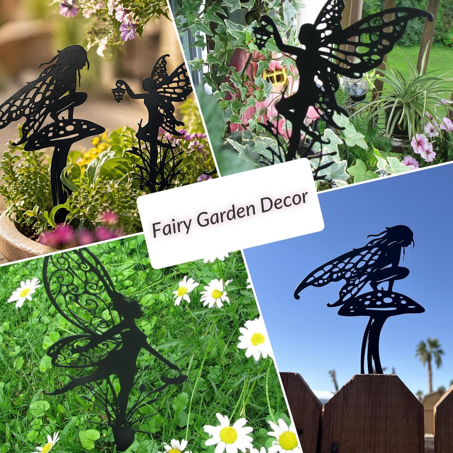 BZHABAOYE Fairy Garden Stakes, Metal Decorative Garden Stakes, Black Fairy Silhouette Yard Art for Flower Bed, Lawn, Planter, Outdoor Garden Decor（Black Set of 3）