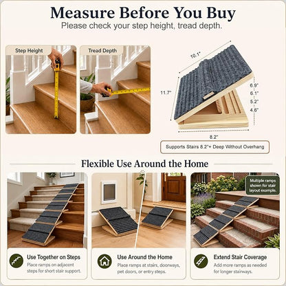 3 Pack Dog Ramp for Stairs – Solid Wood Adjustable & Foldable, 4 Heights, Non-Slip Silicone Base, Traction Felt, Raised Pause Strip, 35lb for Small & Senior Dogs