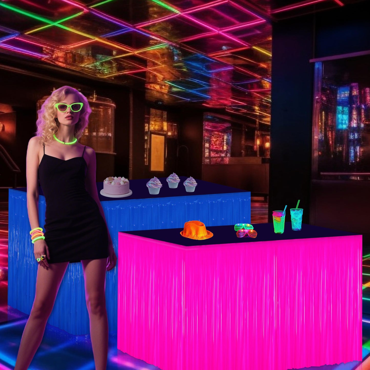 Glow in the Dark Party Supplies - 6Pack Neon Tinsel Fringe Table Skirts Party Decoration， 31.5"x118" UV Reactive & Fluorescent Neon Streamers for Birthday, Rave, Blacklight & Glow Event