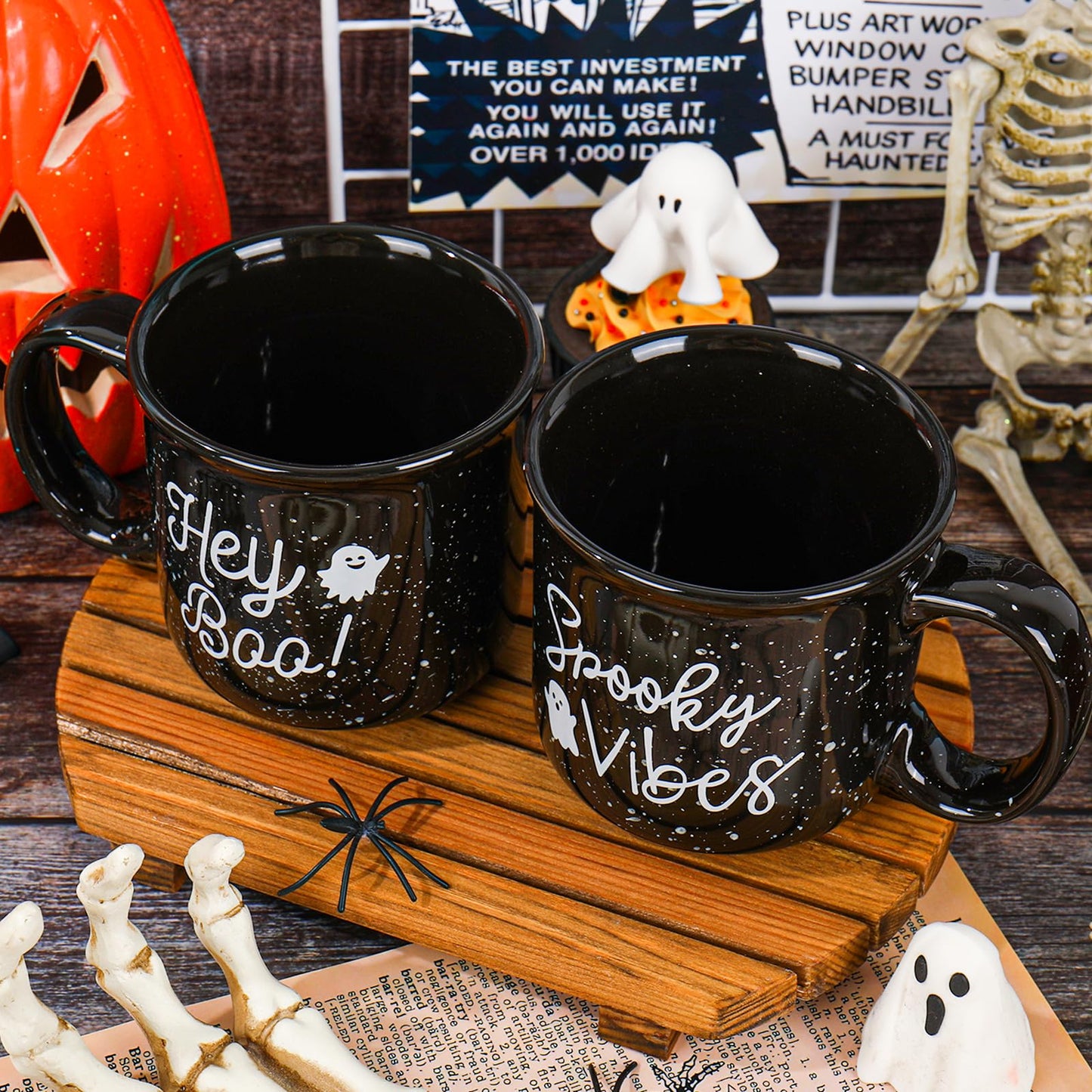 JarThenaAMCS 2Pcs 15oz Halloween Coffee Mugs Black White Ghost Ceramic Cups with Handle Hey Boo Drinking Mugs for Halloween Birthday Holiday Party