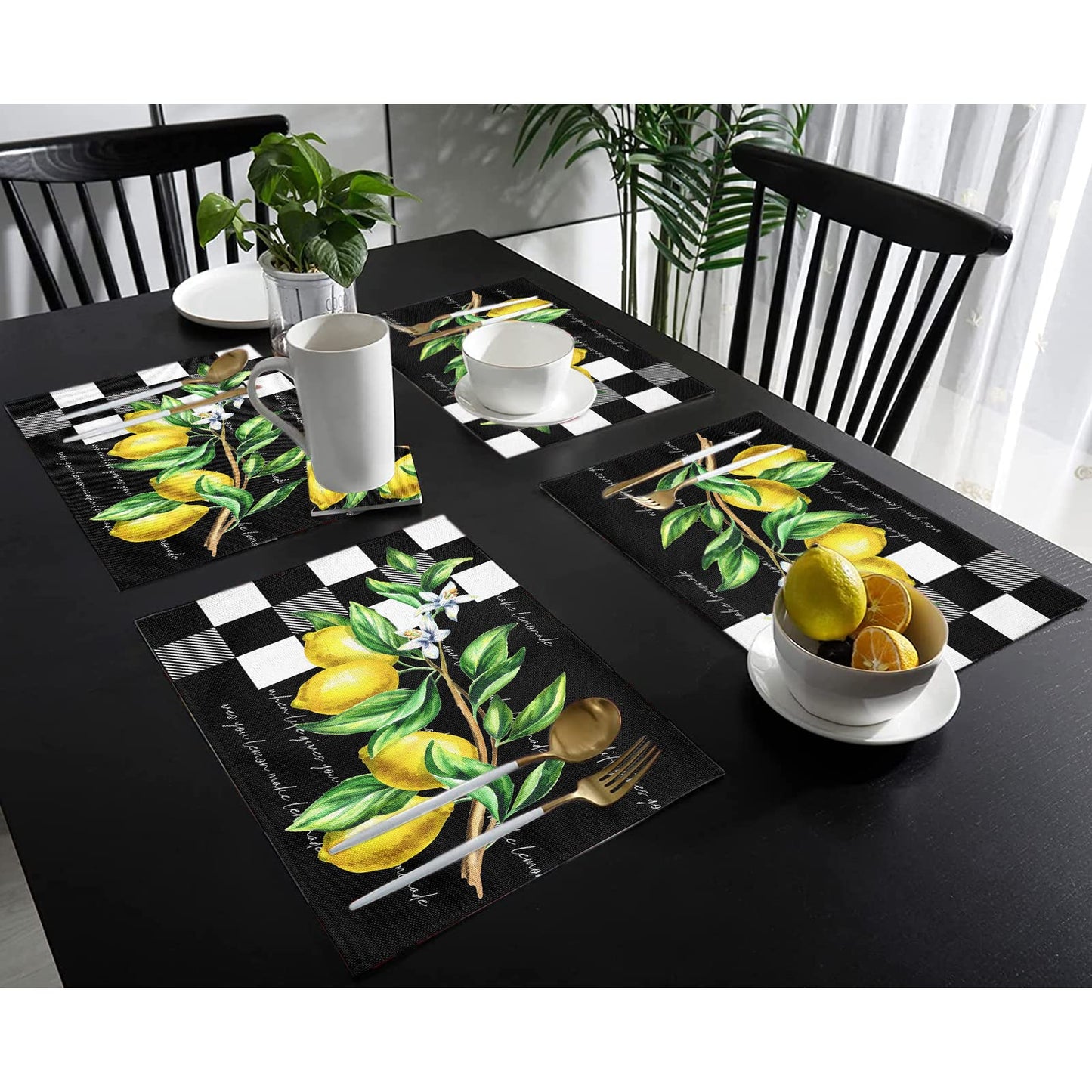 Placemats Set of 4, Yellow Lemon Non Slip Heat Resistant Linen Fabric Cotton Cloth Place Mats, Buffalo Plaid Black Square Washable Dining Table Mat for Summer Fall Rustic Farmhouse Home Kitchen Decor