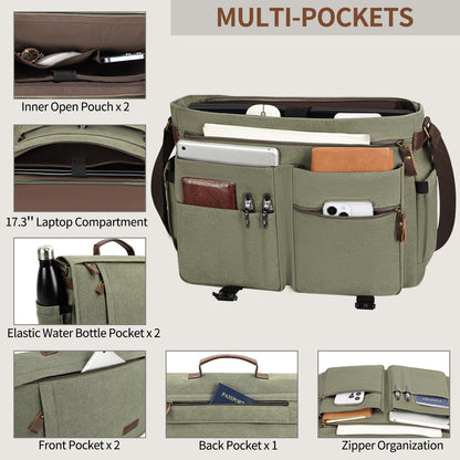 ESTARER Messenger Bag 17.3 Inch, Mens Computer Bag Water-resistant Canvas, Laptop Bag Satchel Briefcase for Teacher/College/Work/Travel, Army Green