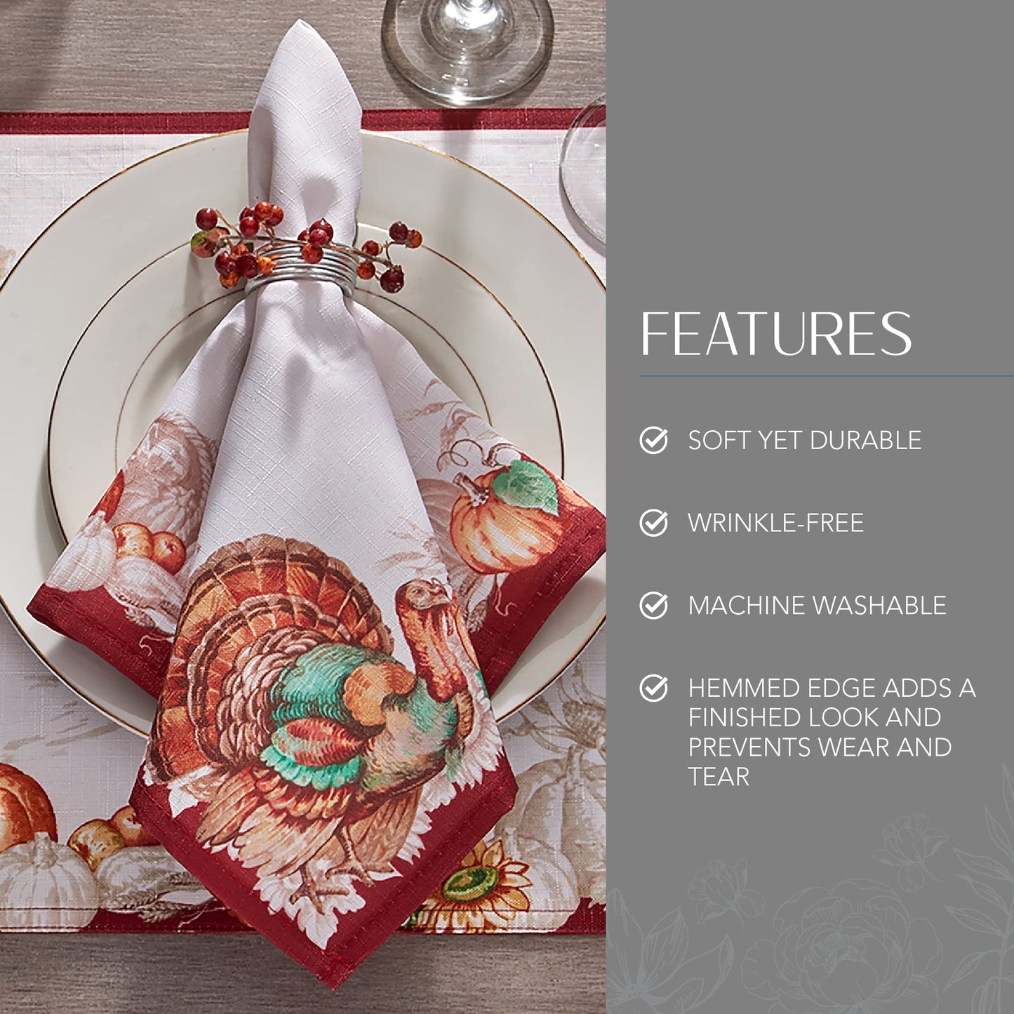 Elrene Home Fashions Holiday Turkey Bordered Fall Napkins, Seasonal Fall Cloth Napkins, 17" x 17", Set of 8