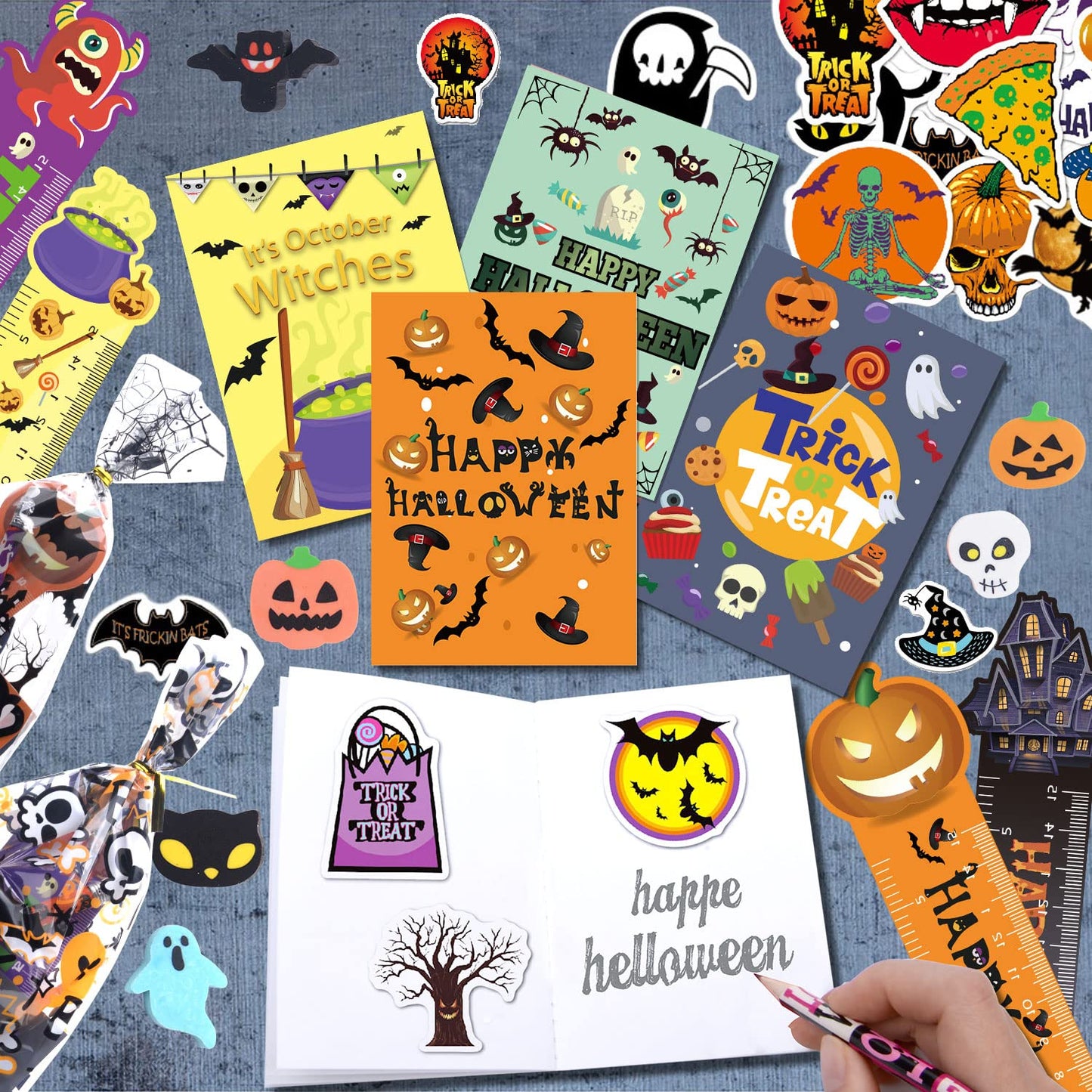 WOONOO 200PCS Halloween Party Favors for Kids Stationery Set, 30 PACK Assorted Halloween Goodie Bag Stuffers, Bulk Halloween Treats Bags for Trick or Treat Pencils Erasers Rulers