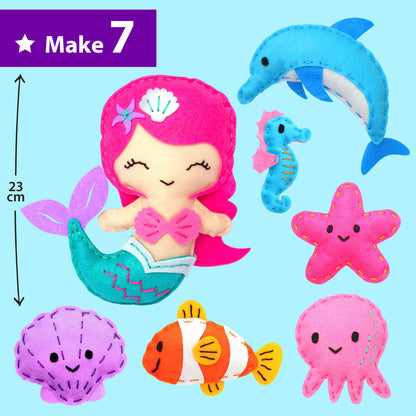 KRAFUN Mermaid Sea Animals Beginner Sewing Kit for Kids Art & Craft kit, Includes 7 Soft Plush Dolls, Instructions & Felt Materials for Learn to Sew, Embroidery Skills, Gift for Girls Educational