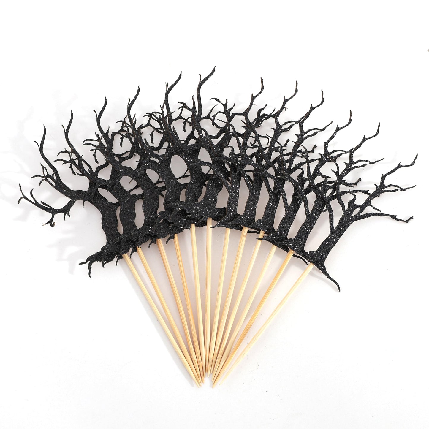 Haunted Forest Halloween Cupcake Topper - Haunted House Theme Baby Shower Party Decoration, Black Glitter Spooky Tree Cupcake Decoration, Halloween Birthday Party Supplies, Cake Smash Photo Props