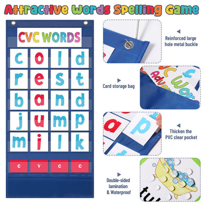 Pasimy CVC Word Pocket Chart with 65 Double-Sided Phonics Flash Cards Classroom CVC Word Literacy Games Preschool Kindergarten Classroom Must Haves for Learning Reading and Spelling(Blue)