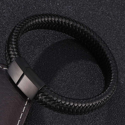 Silverso Men's Leather Bracelet, Stackable Stainless Steel Clasp Bracelets for Men Stylish Birthday, Thanksgiving, Valentine's Day Gift for My Man (7.8" Pure Black)