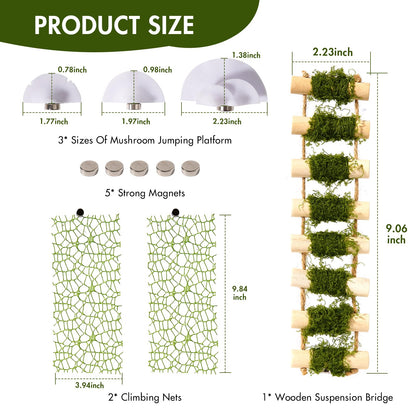 Swirge 6Pcs Jumping Spider Climbing Accessories Set, 1 Wooden Rope Bridge, 3 Mushroom Platform, 2 Climbing Net Decoration