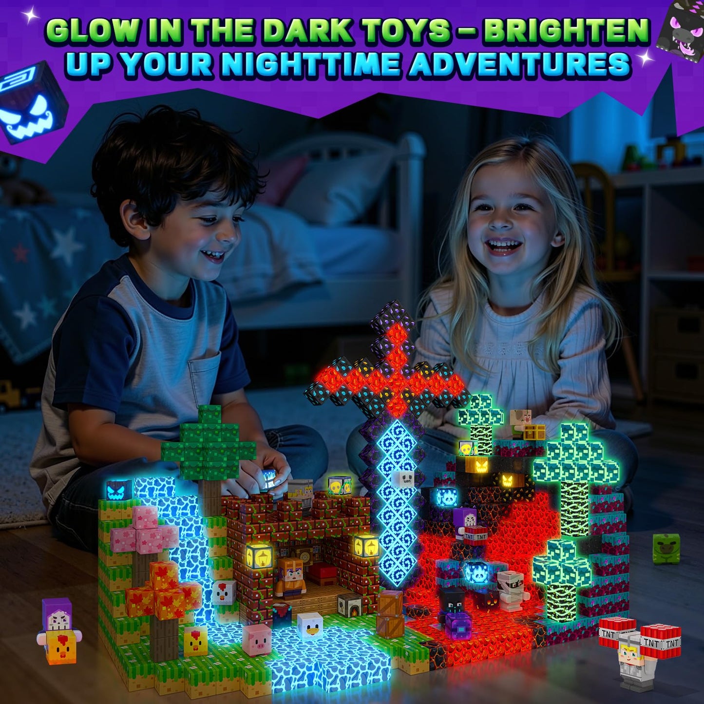 IGIVI 500PCS Magnetic Blocks with Light Up Blocks, Build Mine Magnet World Set, Magnetic Cubes STEM Game Toys for Kids Ages 4-6 6-8 8-12, Christmas Birthday Gifts for 3+ Years Old Boys & Girls