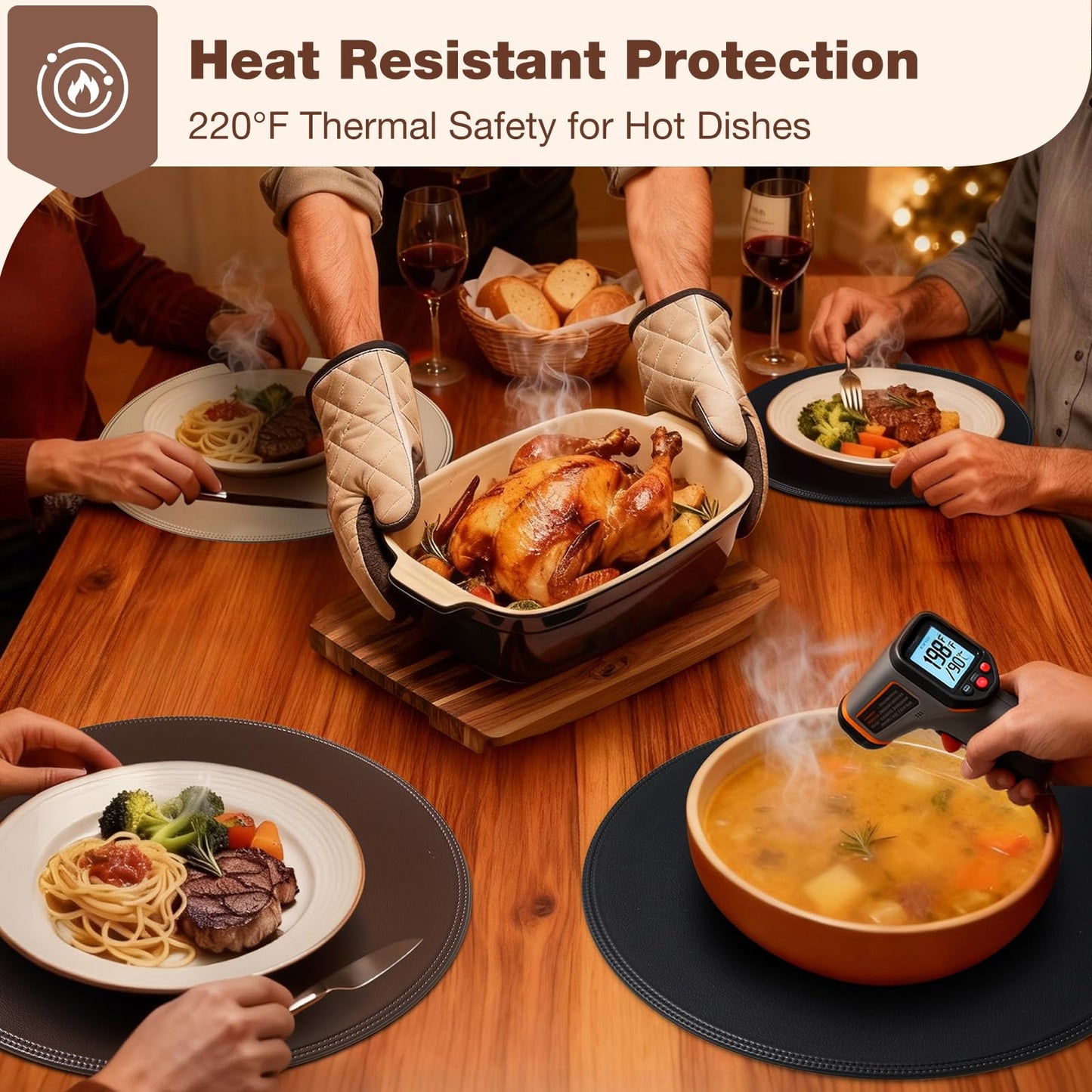 Rinpon Round Vinyl Green Placemats Set of 6, Faux Leather Waterproof Wipeable Heat Resistant Place Mats, Washable Table Mats for Halloween, Thanksgiving & Christmas Dinner(Green)