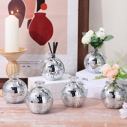 Layhit 12 Pcs Disco Ball Vase for Flower and Plant 4 Inch Small Glass Vase Silver Mirror Mini Disco Ball Planter for Indoor Outdoor Wedding Birthday Home Bedroom Kitchen Office Decoration