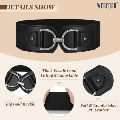 WERFORU Women Elastic Wide Waist Belts for Dresses Fashion Wide Stretchy Belts for Women Big Gold Buckle Thick Dress Belt, Black-silver buckle, M: Fit Waist Size 32"-35"