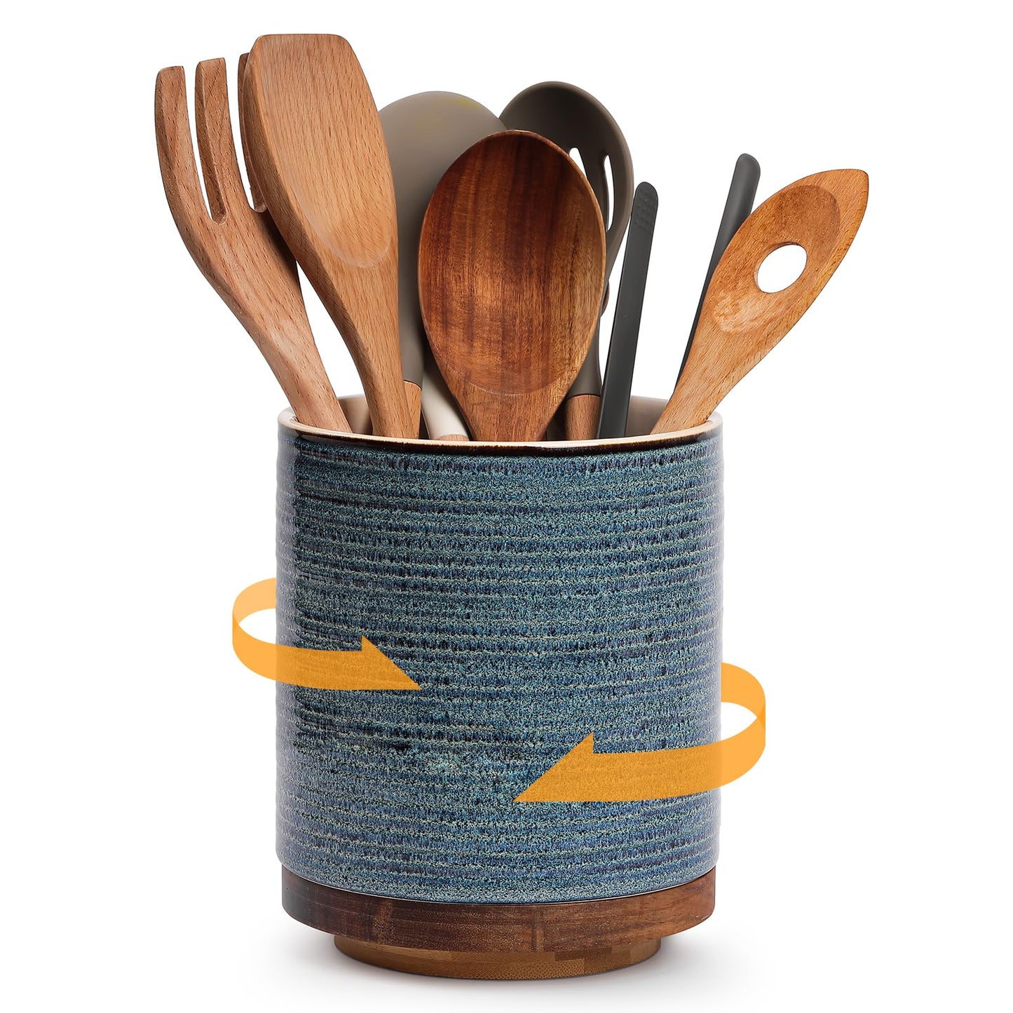 DOWAN 360° Rotating Extra Large Cooking Utensil Holder, 7.6" Kitchen Utensil Holder for Countertop, Utensil Crock for Farmhouse Kitchen Decor, Ceramic Stable Utensil Caddy, Blue