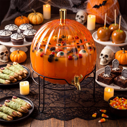 Romooa 1.3 Gallon Halloween Plastic Drink Dispenser with Metal Stand Spigot Pumpkin Shaped Drink Dispenser Beverage Flask with Spigot for Fall Harvest Summer Halloween Autumn Party Supplies(Orange)
