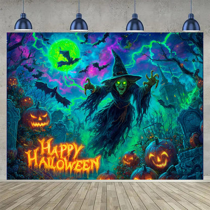BlissYard Happy Halloween Blacklight Tapestry Neon Glow in the Dark Witch Pumpkin Bat UV Reactive Horror Wall Hanging for Bedroom Living Room Dorm Gothic Party Decor 78x59 Inch