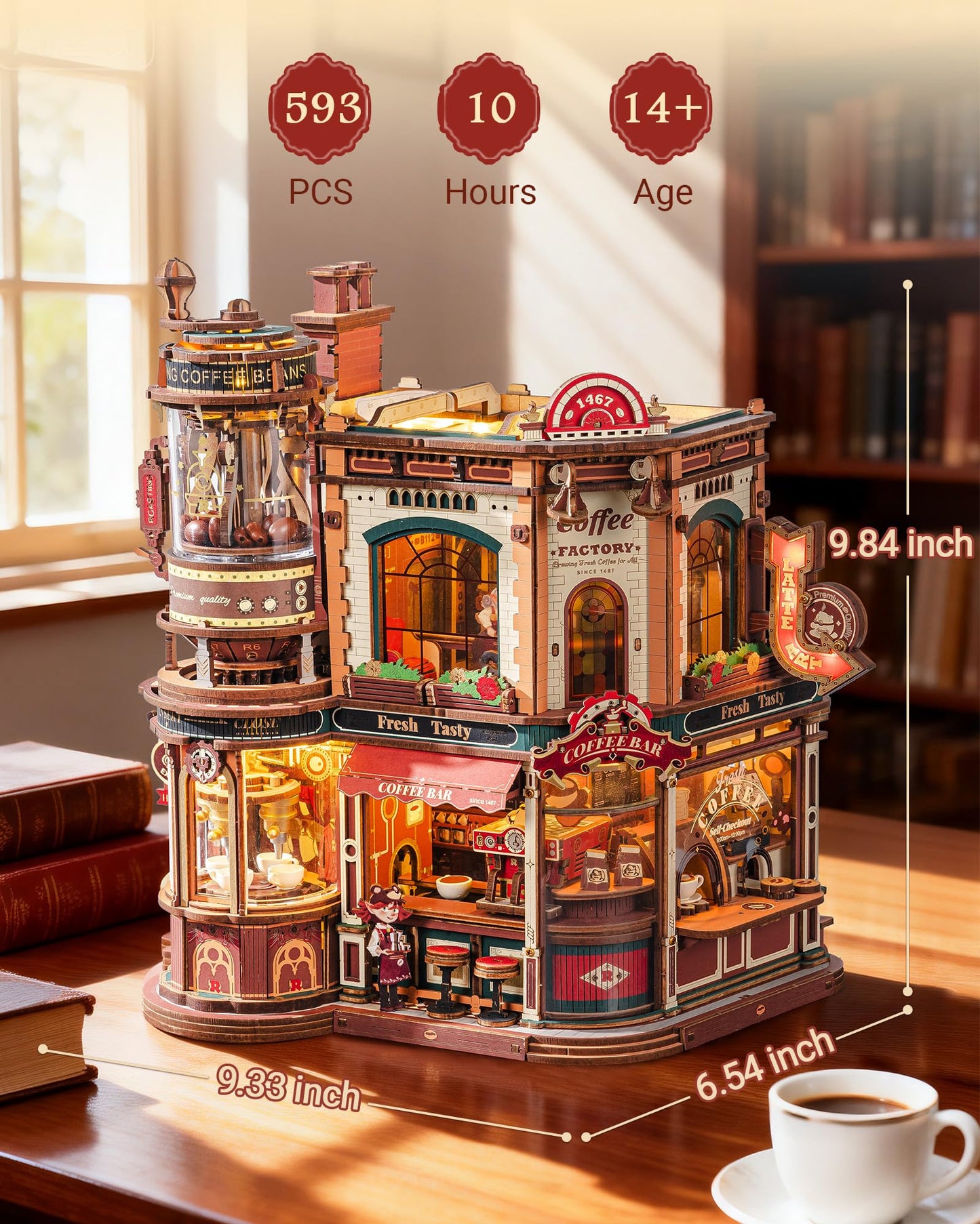 ROKR Dream Coffee Factory, Wooden Music Box Model, Mechanical 3D Wooden Puzzles for Adults, Building Kit with Moving LED Lights, Miniature House Kits, Desk Decor Gift