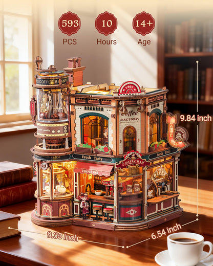 ROKR Dream Coffee Factory, Wooden Music Box Model, Mechanical 3D Wooden Puzzles for Adults, Building Kit with Moving LED Lights, Miniature House Kits, Desk Decor Gift