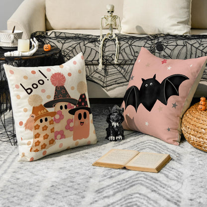 AVOIN colorlife Halloween Boo It's Spooky Season Cute Ghost Throw Pillow Covers, 18 x 18 Inch Trick or Treat Stripe Truck Pumpkin Spooky Cushion Case for Sofa Couch Set of 8