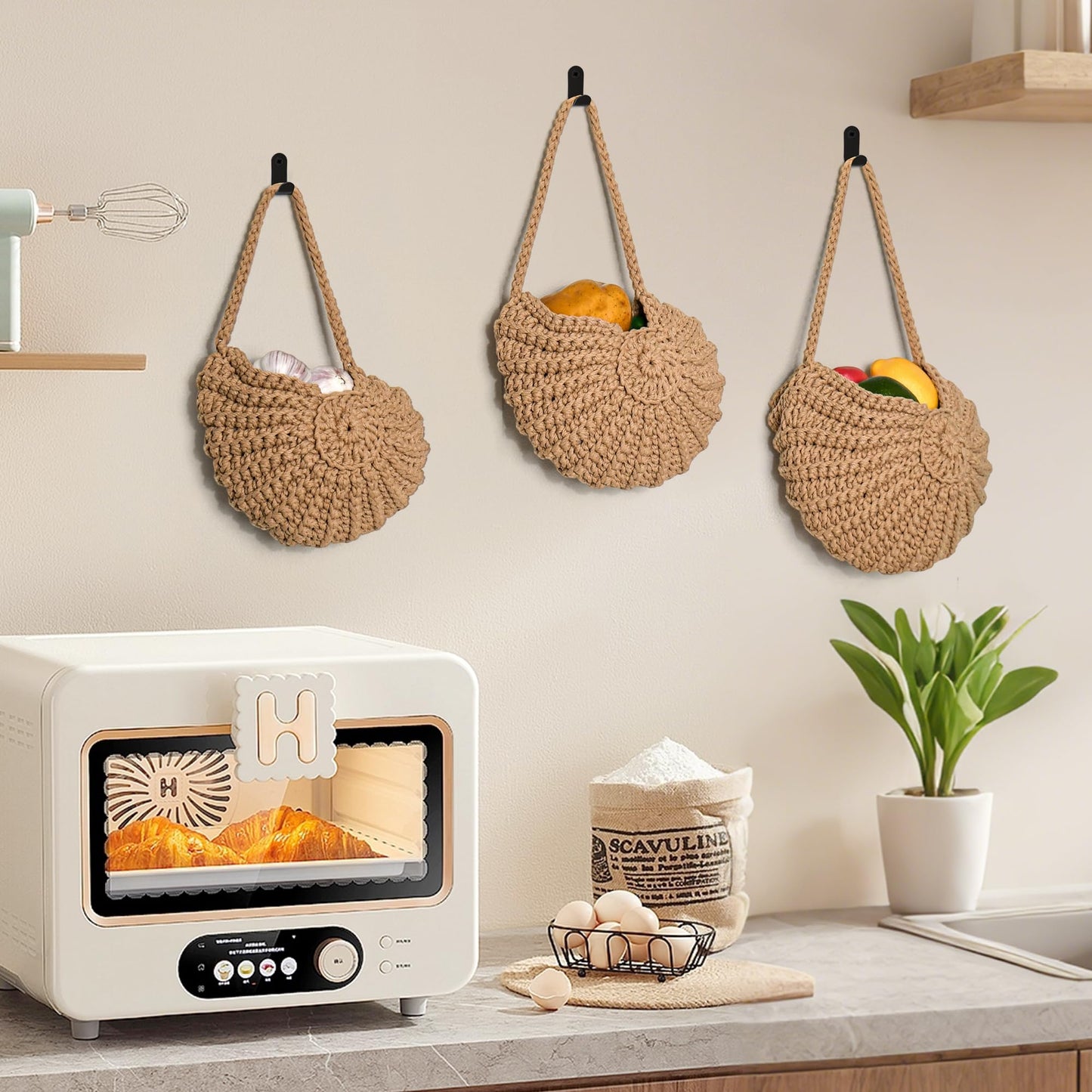 Boho Decor Hanging Wall Baskets for Kitchen, Seashell-Shaped Cotton Fruit Storage for Onion Vegetable Potato, 3 Pack Handwoven Wall Organizer with Hooks, Screws & Nuts
