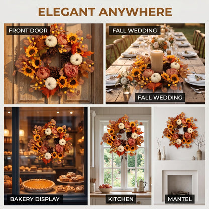 Artificial Fall Autumn Wreath 22 in with Sunflower,Peony,Pumpkin, Eucalyptus Leaf for Front Door Thanksgiving Wreaths Wall Window Harvest Festival Celebration