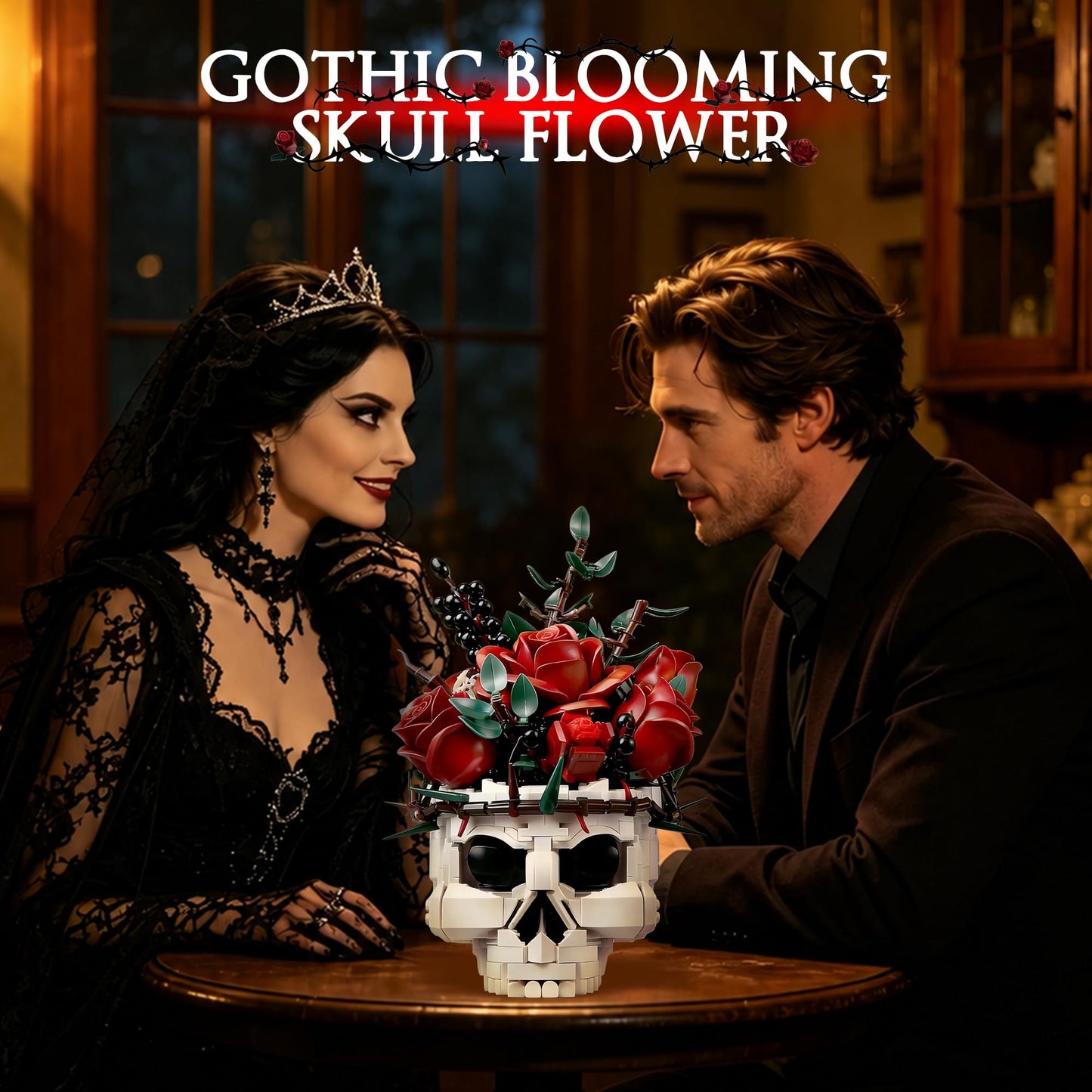 HUNKING Gothic Skull Roses Flower Bouquet Building Set, Botanical Skeleton Pot Collection Building Blocks for Adults, Horror Plants Flower Table Home Decor, Goth Gift for Valentine Mother's Day
