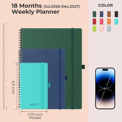 IN-LUXPRO Planner 2026-2027 Daily Weekly and Monthly,6.5"x3.75",18 Months Spiral Bound Calendar Agenda with Self-adhesive Pen Holder,2026 Academic Plan with Vegan Leather Soft Cover,Blue