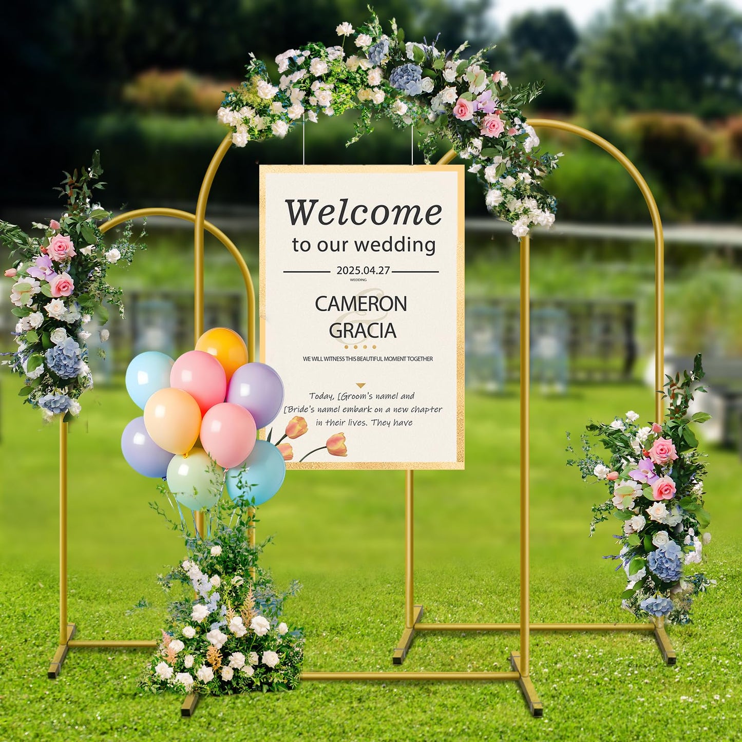 YAYOYA Metal Arch Backdrop Stand, Set of 3 (6/6.6/7.2 ft) Wedding Arched Frame with 12 Ground Nails, Stable Arched Background Stand for Wedding, Baby Shower, Birthday Party, Photography, Gold
