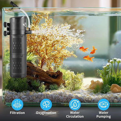 Aquarium Filter, Fish Tank Filter 4-in-1 for 30-80 Gallon Tanks, Submersible Internal Filter with Wave-Maker, Oxygenation & Adjustable Air Flow for Freshwater/Saltwater/Turtle Tanks (12W)