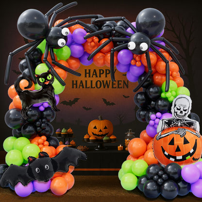 Bonropin 173pcs Halloween Balloon Garland Arch kit with Black Orange Green Purple Balloons Spider Balloons Halloween Foil Balloons for Haloween Theme Party Background Classroom Decorations