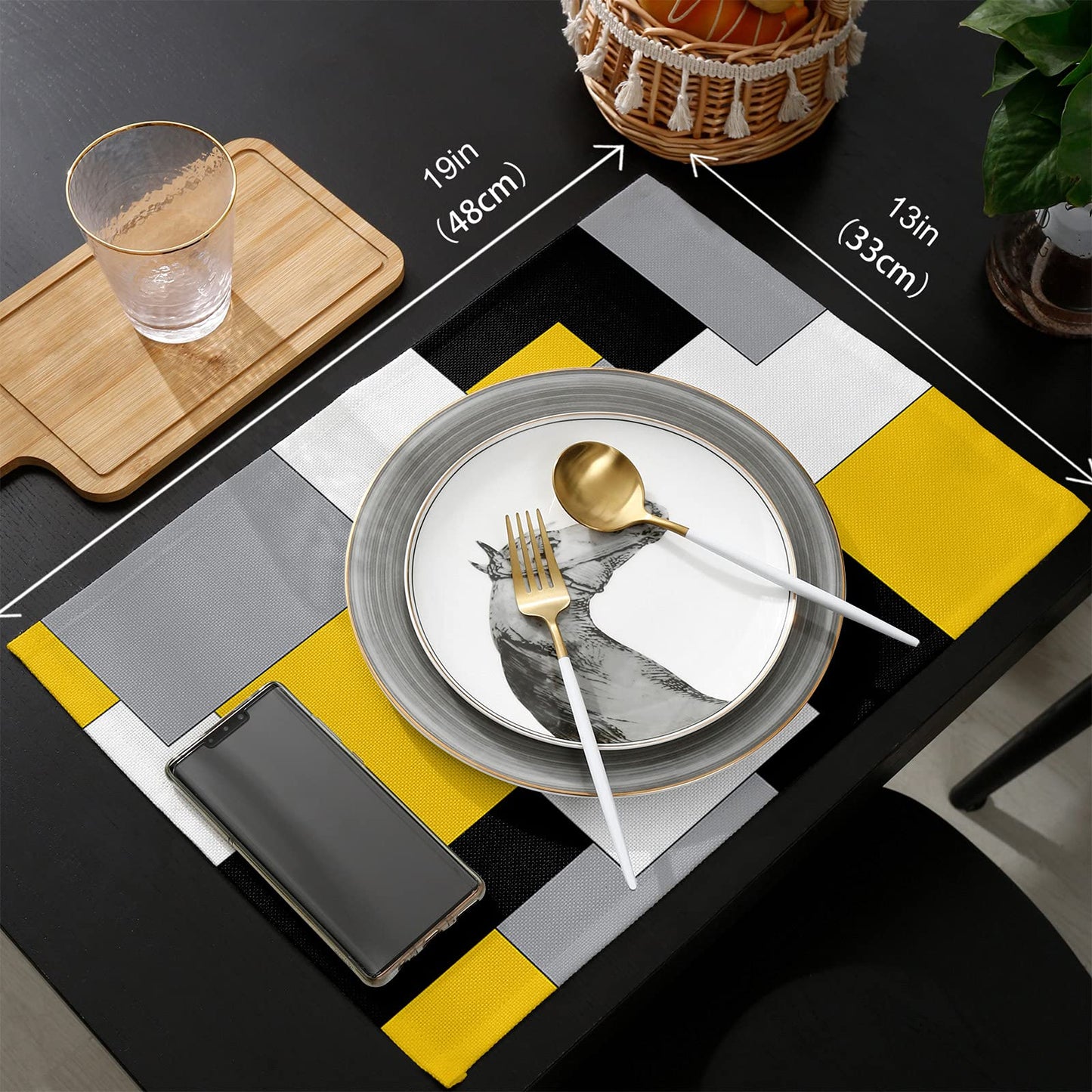 Futuregrace Abstract Art Placemats Set of 6,Non Slip Washable Farmhouse Table Mats Set, Black and Yellow Table Placemats for Kitchen Dining Table,Wedding Holiday Party Decoration