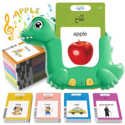 Arabic and English Talking Flash Cards for Kids, 510 Sight Words Bilingual Learning Toys for Toddlers, Arabic Alphabet Flashcards Pocket Speech Therapy Toys, Dinosaur Shaped