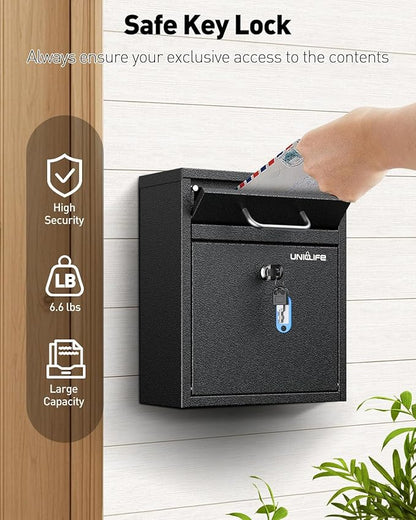 Uniclife Wall Mount Mailbox for Outside, Anti-Theft Heavy Duty Locking Mailbox, Small Mailbox with Key Lock, Security Mail Box, Safe Key Drop Box, Post Box, Steel Cash Drop Box for Home Office, Black
