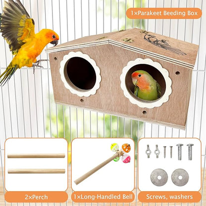 PINVNBY Parakeet Nesting Box Bird House for Cage Wood Bird Breeding Box with Bell Toys for Lovebirds Cockatoo Budgie Finch Canary Small and Medium-Sized Birds (Large: 11.02 * 6.06 * 6.06 inch)