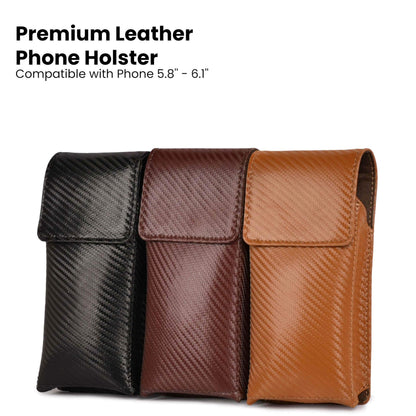 LEATHER VILLAGE Carbon Fiber Genuine Leather Phone Holster with Belt Clip - Compatible with iPhone 16, 16 Pro, 15, 15 Pro, 14, 14 Pro, 13, 13 Pro, 12, 12 Pro, 11, Galaxy S25, S24, S23 - Brown - M
