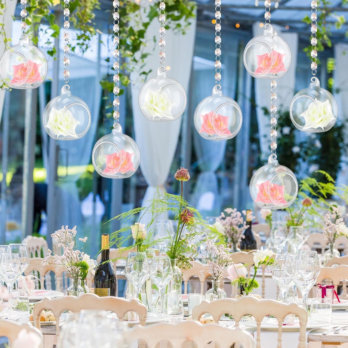 Yoande 12 Sets Hanging Candle Holder Wedding Glass Globe with Acrylic Gems Bead Garland Hanging Tea Light Candle Holder Orbs Container for Flower Plant Micro Landscape DIY Party Tree Decor 2.36 Inch