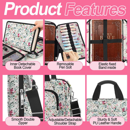 IBOVODI Pink Floral Bible Cover Case for Women, Cute Flower Large Bible Bag Book Carrying Bag with Strap Handle Zipper Pockets, Pens and Highlighters Cross Clips for Bible Study & Church