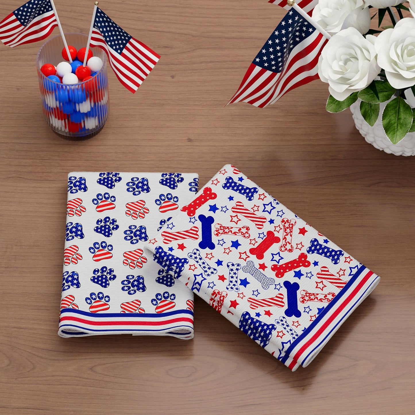 XCHI Dog Paws Bones Stars America Patriotic 4th of July Memorial Day Independence Day Kitchen Towels Dish Towels 18x26 Inch Home Decorations Hand Towels Set of 2 Drying Dishcloth