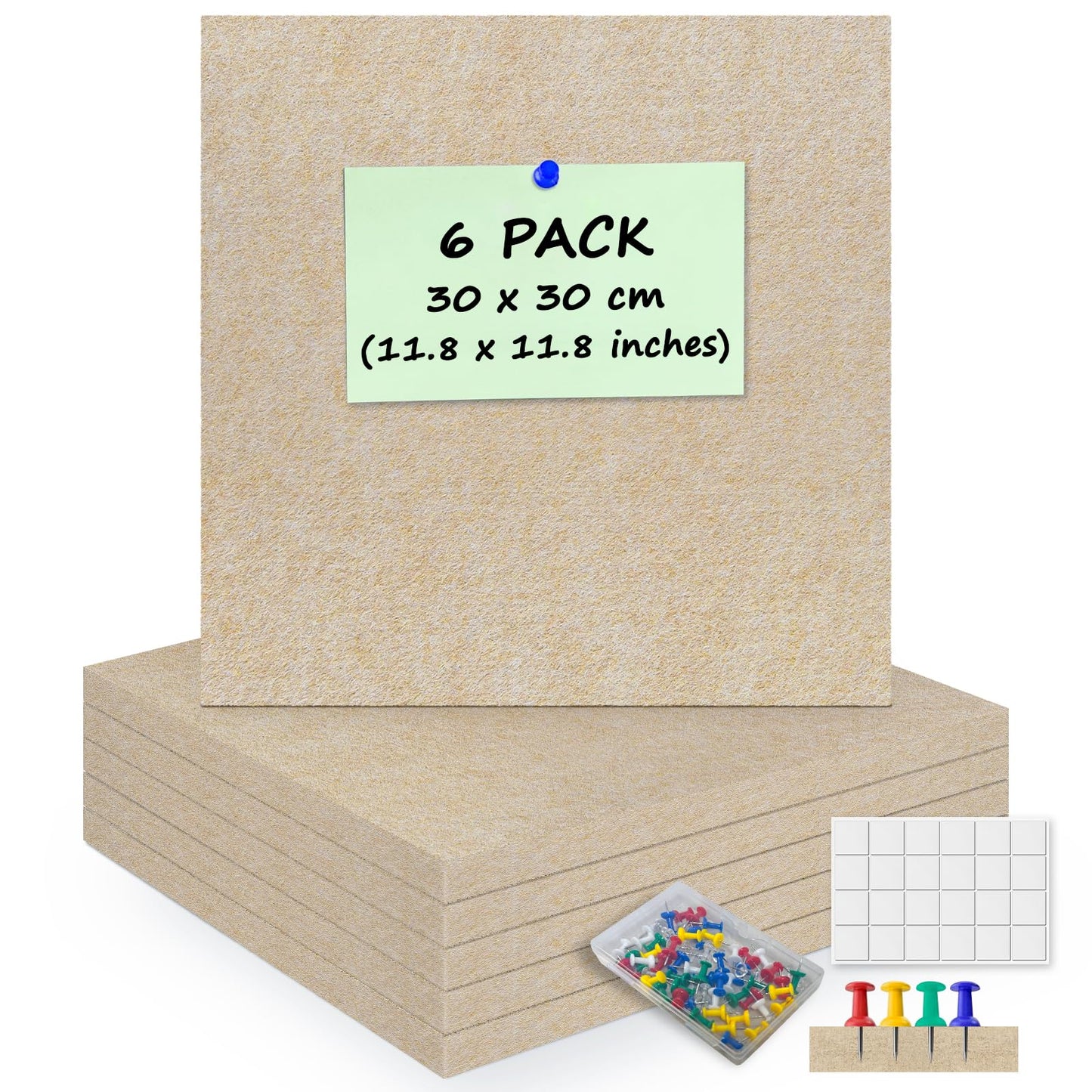 ANLIOTE 6 Pack Cork Board Felt Bulletin Board with 60 Push Pins, 1/2" Thick Pinboard Square Tiles for Wall Organizer - Home Office Classroom Decor, Photo Display, Memo Board (11.8"x11.8"- Beige)