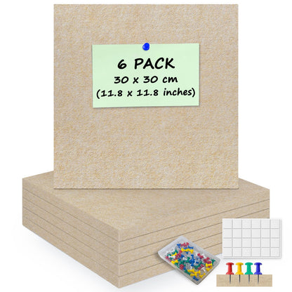 ANLIOTE 6 Pack Cork Board Felt Bulletin Board with 60 Push Pins, 1/2" Thick Pinboard Square Tiles for Wall Organizer - Home Office Classroom Decor, Photo Display, Memo Board (11.8"x11.8"- Beige)