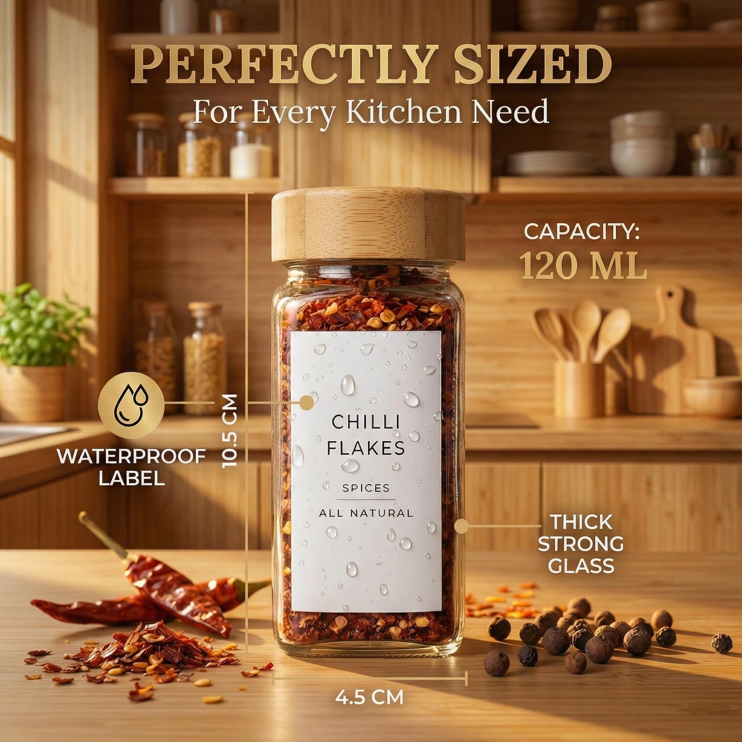Livabl Glass Spice Jars with 360 Labels -24 pcs- 4oz- Spice Containers with Bamboo Lids -Shaker Lids- Pepper Grinder-Spice Organization for Cabinet-Drawer-Rack-Seasoning Organizer-Square bottles
